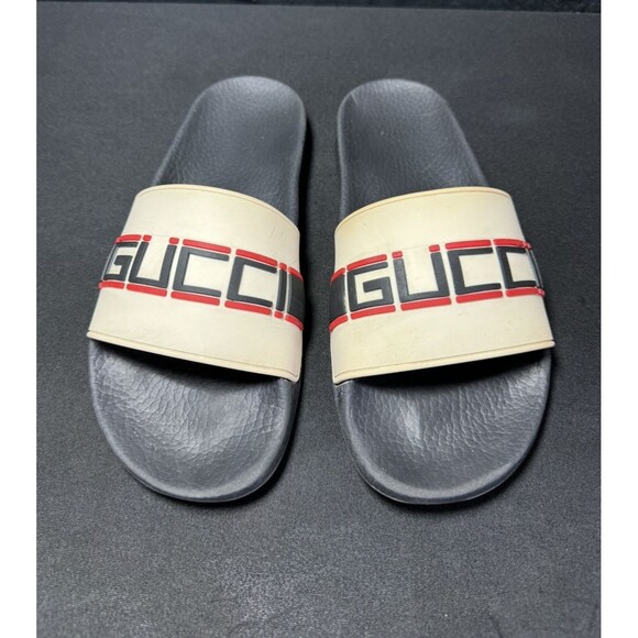Gucci Auth Size 39 White Logo Rubber Pool Slides Sandals Shoes 524984 Pre-owned - Picture 1 of 10